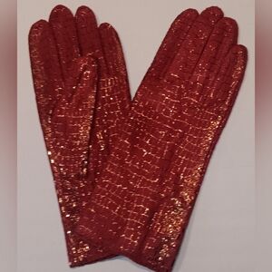 CHI BY FALCHI LEATHER SNAKESKIN GLOVES, RED & SPARKLE GOLD,